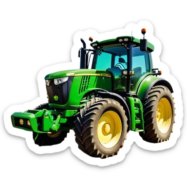 John Deere 6155M (2020) – Cinematic-realistic John Deere 6155M tractor, its iconic green and yellow body rolling across vast Australian farmlands. The powerful engine hums as it tows a massive plow, cutting through golden fields under a clear blue sky, dust rising in its wake. sticker