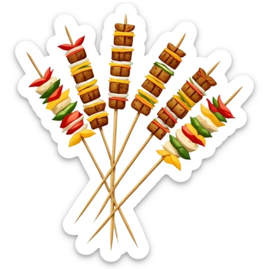Sichuan Skewers Chuan Chuan Xiang with various foods on bamboo sticks, simplified emoji style with bold outlines and bright colors, cartoon style spicy street food sticker