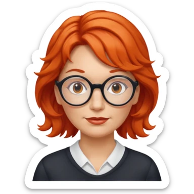 middle-aged Norwegian woman with red-orange wavy hair tied to the left, wearing large round glasses sticker