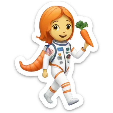a woman eating carrots and walking on the moon with a cat sticker