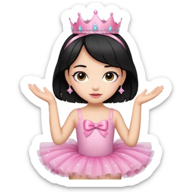 cute girl wearing a tutu, tiara, and a pink glittery bow with black hair sticker