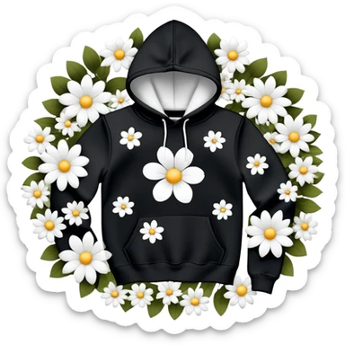 The BLACK Hoodie features a black base with distinctive white and black  open flower spots with empty space in the middle, These hollow ring-like patterns are scattered across. BLACK AND WHITE FLOWERS SPACED OUT FLOWERS, AND ONLY A FEW FLOWERS AND NO DOTS, NO VINES sticker
