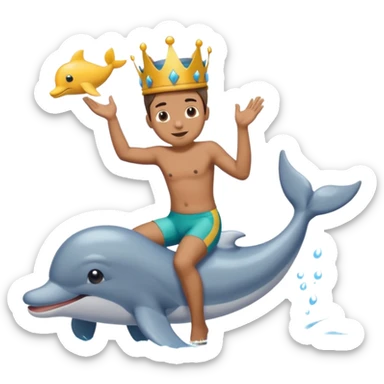 Man riding dolphin in lake with poop king on his head sticker