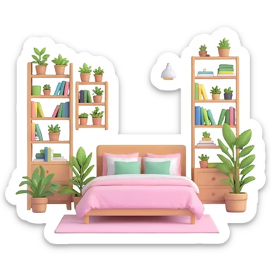 aesthetic bedroom with soft colors, plants, bookshelves, and study area sticker