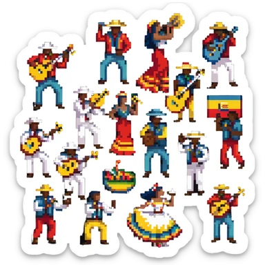 Colombian salsa musicians with instruments and dancers in vibrant colors sticker