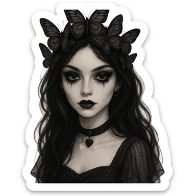 gothic emo girl with a heart-shaped face, butterfly crown, dark eyeliner, mysterious and elegant sticker