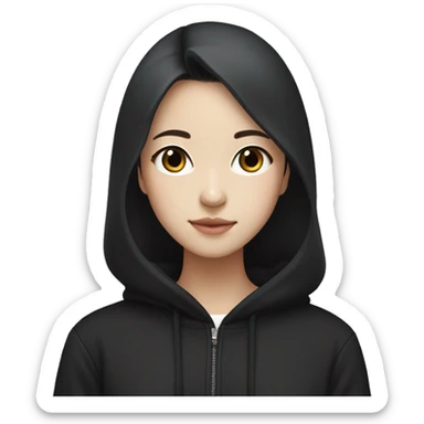 A korean girl with black hoodie (not wearing hood), black hair with between medium and long length, tall, skinny, has pretty face sticker