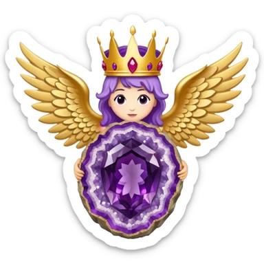 Big amethyst geode with red rubby dots inside award-in-frame-decorated-with-big-golden-angel--wings and crown sticker