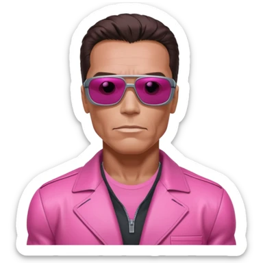 Schwarzenegger-like Terminator, upper body only, wearing his iconic clothes in pink (all clothes must be pink), looking more human with minimal robotic details, and wearing dark sunglasses, hair must be dark sticker