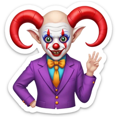 demonic clown wearing a leisure suit, bald with ram horns sticker