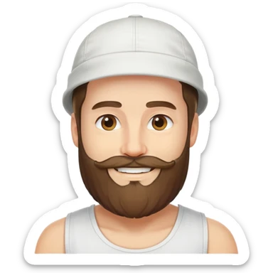 Alex Hormozi, white man with mid-long hair wearing a cap, big beard, smiling, white tank top sticker