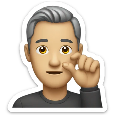 A man points with his hand to his eye sticker