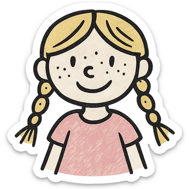 blonde girl, braided hair, freckled face, pink dress, hand drawn style sticker