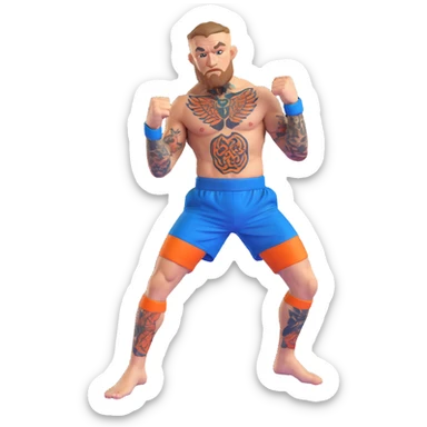 Conor McGregor in fighting stance with blue UFC shorts and detailed tattoos sticker