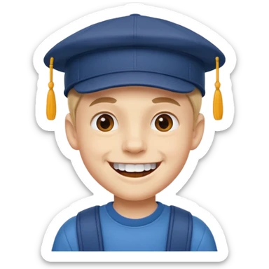schoolboy with big front teeth wearing a cap sticker