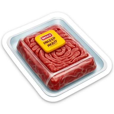 A 3D cartoon pack of minced meat wrapped in transparent plastic, supermarket-style packaging, top angleMemoji-style. sticker