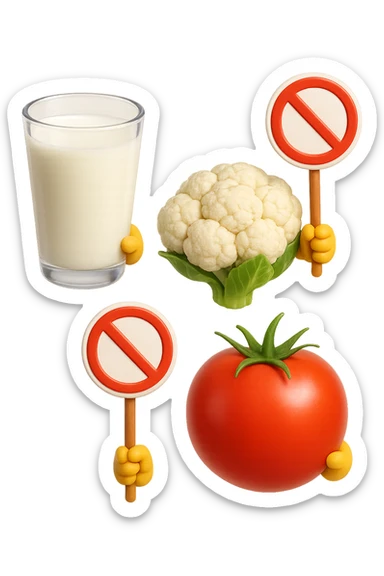 emoji stile iphone di un BICCHIERE DI LATTE CAVOLFIORE E POMODORO CHE FLUTTUANO IN ARIA VERTICALMENTE CON DIVIETI IN MANO, iperrealistico 4k, isolato su sfondo bianco sticker