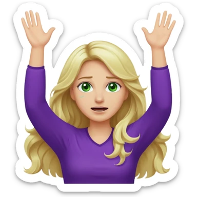 lady with long wavy blonde hair, purple top, green eyes, throwing her hands in the air crying sticker