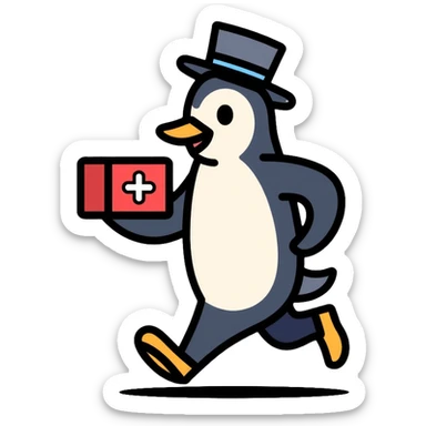 Side view of a penguin doctor running, wearing a top hat, holding a medical box with a red cross sticker