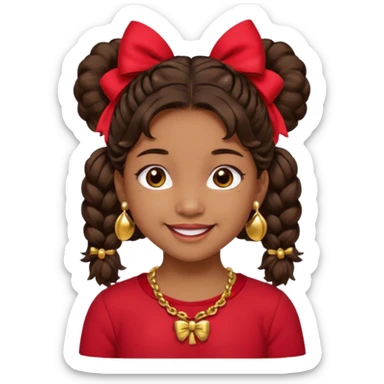 Brownskin girl dark brown hair fluffy. pigtails with red bows brown eyes smiling closed mouth red shirt gold esrrings gold necklace sticker