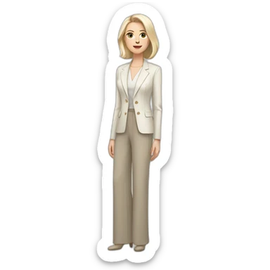 Full height Actively gesturing with hands pale skin woman with ash blonde Straightened bob Hair, White Spacious classical jacket, beige palazzo Arrow pants and gray blouse sticker