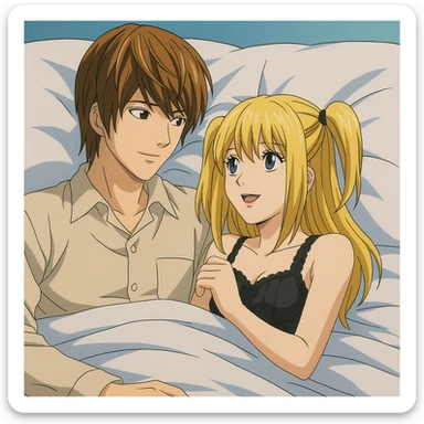 Light Yagami and Misa Amane in a bed, classic anime style, bright colors sticker