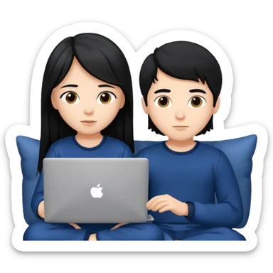 black haired boy and long haired girl in navy blue pajamas , watching movie on laptop sticker