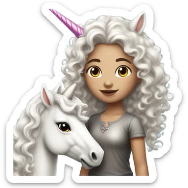 Beautiful white skin girl with curly hair standing next to unicorn sticker
