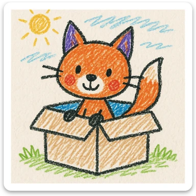 cute fox sitting in a cardboard box with playful expression, kids toy aesthetic, fox peeking out of the box sticker
