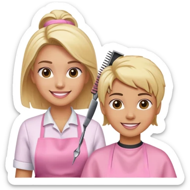 smiling woman in pink apron getting a haircut from a smiling female hairstylist sticker