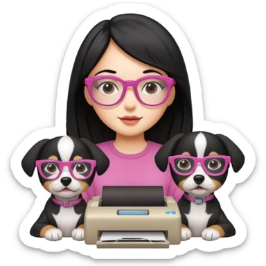 Una chica con pelo negro y lentes rosados con una impresora y dos perras una cajeta y la otra negra sticker