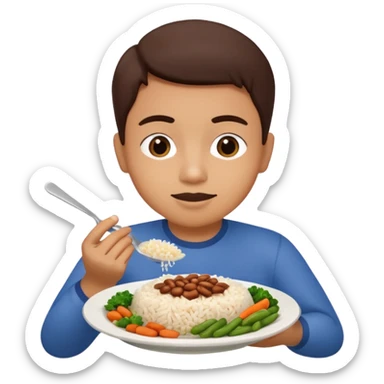 Create a person having lunch. Not a sandwich. Rice, beans, vegetables and chicken. sticker