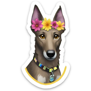  brindle brown black maroon striped lurcher Alsatian fox running blue eyes and iridescent holographic oilslick harness wearing paper iridescent tropical flower crown yellow caution tape sticker