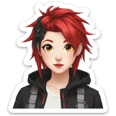 Gorgeous anime style tomboy-lady with blushing face aesthetic and pretty edgy black red punk hair with hair garment trending style sticker