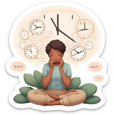 A person sits with their hands gently resting on their lap, eyes closed, exhaling slowly. Above them, a swirling thought bubble holds the words guilt and discomfort, but they don’t push it away—they just sit with it. In the background, a clock ticks softly, symbolizing the pause before responding. = sticker