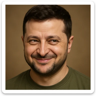 Vladimir Zelensky, photorealistic, emoji style, sly smirk, mischievous eyes sticker