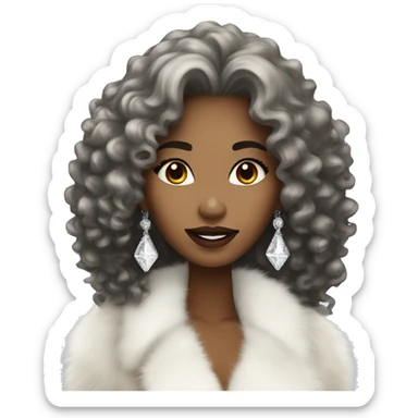 elegant light brown woman with diamonds long black curly hair  and white fur coat sticker
