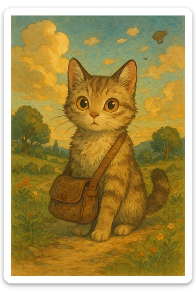 a curious cat with a satchel, ghibli style sticker