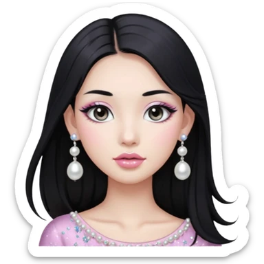asian long black hair silver grey eyes glossy lips glittery white and light pink eyeshadow girl pearl earrings sticker