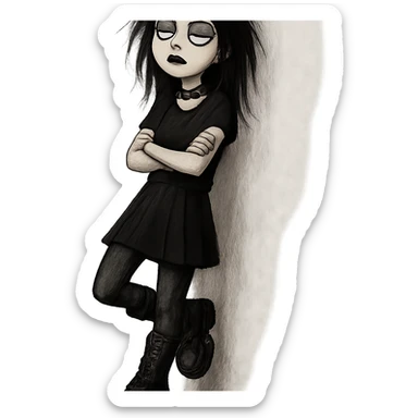 goth girl leaning against a wall, rolling her eyes, black boots, messy hair, indifferent attitude sticker