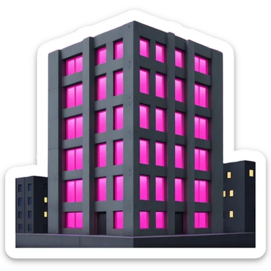 Nighttime scene of a Russian concrete panel building, dark gray rectangular structure against night sky, one window with intense bright pink UV grow light glowing in the darkness sticker