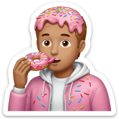 A man eating a pink donut spilling white icing down his face and clothes sticker