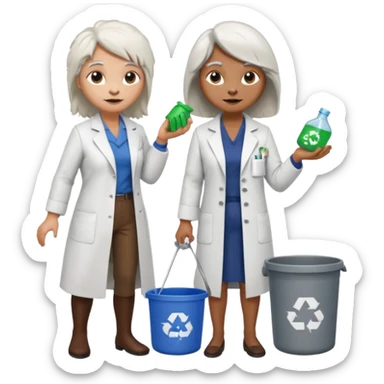 an woman otter picking up trash bins, next to a mad scientist sticker