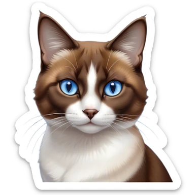 Cinematic Noble Brown Mantle Snowshoe Cat Portrait Emoji, Poised and regal, with sleek brown fur draping elegantly over its back like a mantle, contrasted by a crisp white chest, paws, and facial markings, piercing icy-blue eyes, Simplified yet sharp and sophisticated features, highly detailed, glowing with a soft, dignified glow, high shine, intelligent and graceful, stylized with an air of elegance, focused and attentive, soft glowing outline, capturing the essence of a watchful and refined feline, so majestic it feels as though it could glide across the screen with effortless confidence! sticker