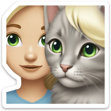 blue eyes grey kitten and green eyes blonde girl are friends sticker