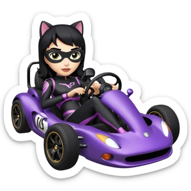 full size real-appearance road glowing racing sexy buxom CatWoman’s feminine midnight-colored tight outfit sixty’s tv show dark stealthy accurate sporty safe plush deluxe off-road pursuit drifting car jaguar (black hair,reclined and relaxed torso and shoulders back against seat) rallycross kart  sticker