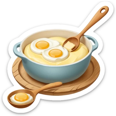A carton of eggs, butter and a cream ceramic baking bowl with a wooden spoon in it sticker