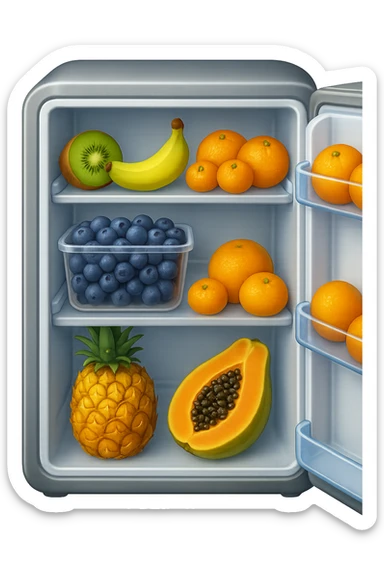emoji stile iphone di un frigo aperto con dentro ben visibili questi alimenti: Kiwi
Banana acerba
Arance e mandarini
Mirtilli
Ananas
Papaya
IPERREALISTICO 4K sticker