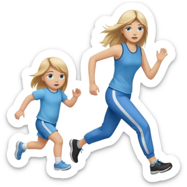 full length of a young woman with long straight dirty blonde hair, side bangs, and blue eyes. She is running behind a 1 year old baby girl sticker