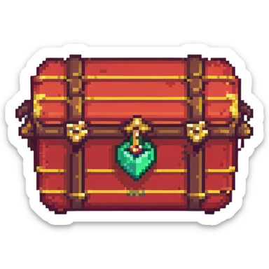 A red RPG treasure chest with gold details, pixelated 16-bit style sticker